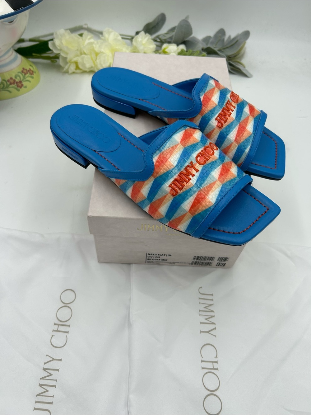 Women's Jimmy Choo Bright Blue Multicolor Patterned Slide Sandals size 38 - Picture 4 of 10